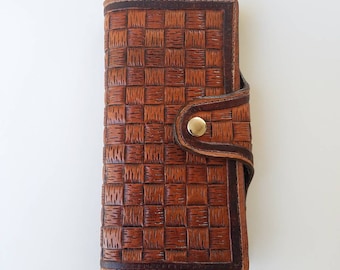 Basketweave Leather Wallet/ Tooled Leather Wallet/ Carved Leather Clutch Wallet/ Card Wallet/ Checkbook Wallet/ Western Leather Wallet