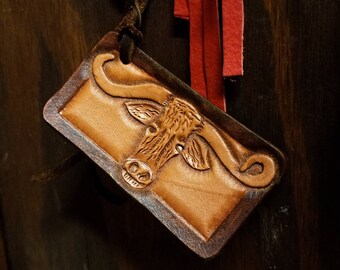 Longhorn Leather Keychain/ Tooled Leather Keychain/ Western Keychain/ Cattle Keychain/ Genuine Leather Keychain