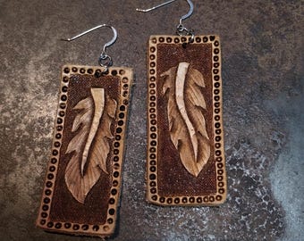 Tooled Leather Feather Earrings