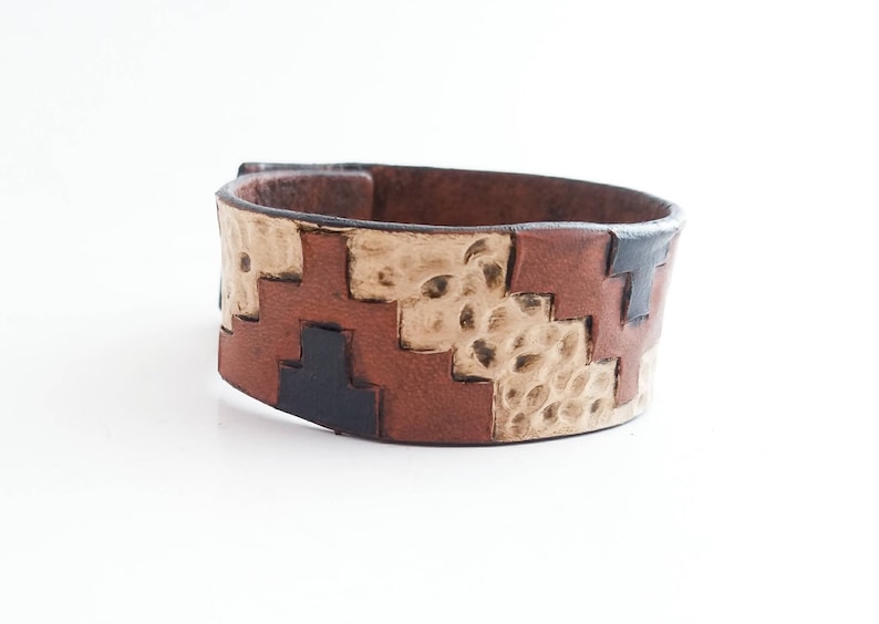 Neutral Aztec Bracelet Tooled Leather Western Bracelet Southwestern design Tan Womens Bracelet Rustic Cowgirl Bracelet