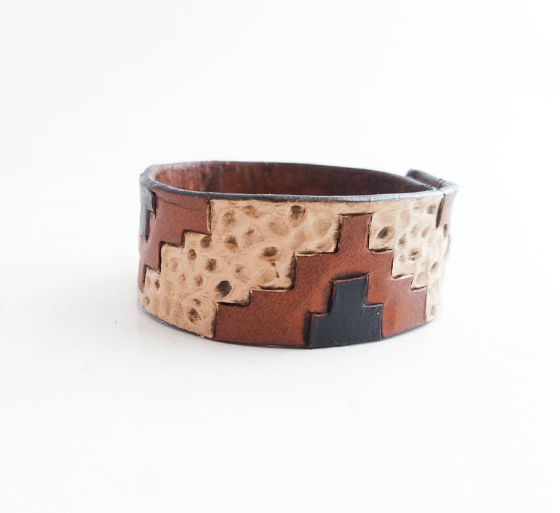 Neutral Aztec Bracelet Tooled Leather Western Bracelet Southwestern design Tan Womens Bracelet Rustic Cowgirl Bracelet