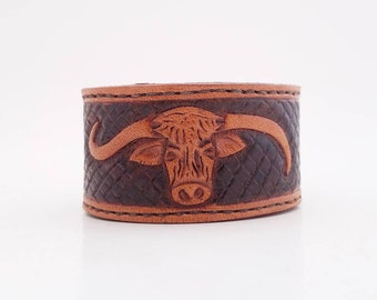 Tooled Leather Steer Head Bracelet/ Longhorn Carved Leather Cuff/ Western Bracelet/ Southwestern/ Cow Cuff
