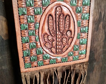 Tooled Leather Cactus Rearview Mirror/ Leather Wall Art/ Carved Leather Cactus/ Western Home Decor/ Carved Leather/ Leather Truck accessory