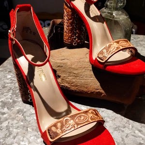 A Western Trip Heels/ Red High Heels with Tooled Leather