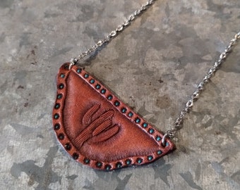 Leather Cactus Necklace/ Tooled leather Necklace/ Western Jewelry/ Saguaro Cactus Necklace/ Boho Hippie/ Southwestern Cowgirl Jewelry