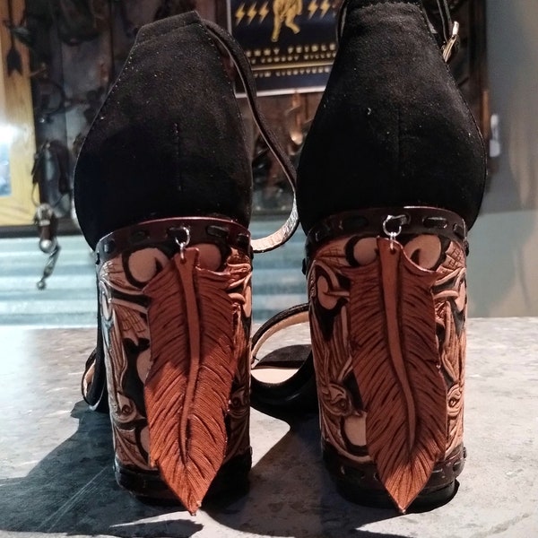 Tooled Leather High Heels/ High Heels with Feather Design