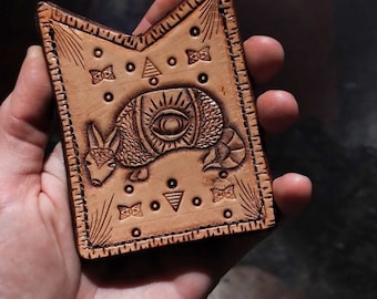 Armadillo Card Wallet/ Tooled Leather Wallet/ Carved Leather/ Western Wallet/ Texas Wallet