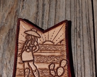 Cowgirl Leather Card Wallet/ Tooled Leather Wallet/ Western Wallet/ Carved Leather