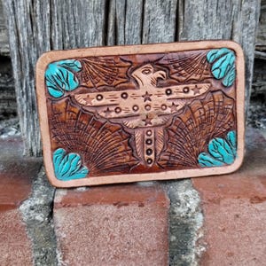 Handcrafted Tooled Leather Buckle – Thunderbird & Turquoise Western Design
