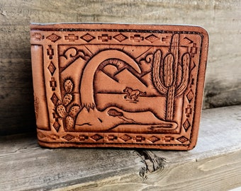 Western Bullskull Bifold Wallet/ Men's Southwestern Wallet/ Tooled Leather Wallet/ Cactus Wallet/ Genuine Leather/