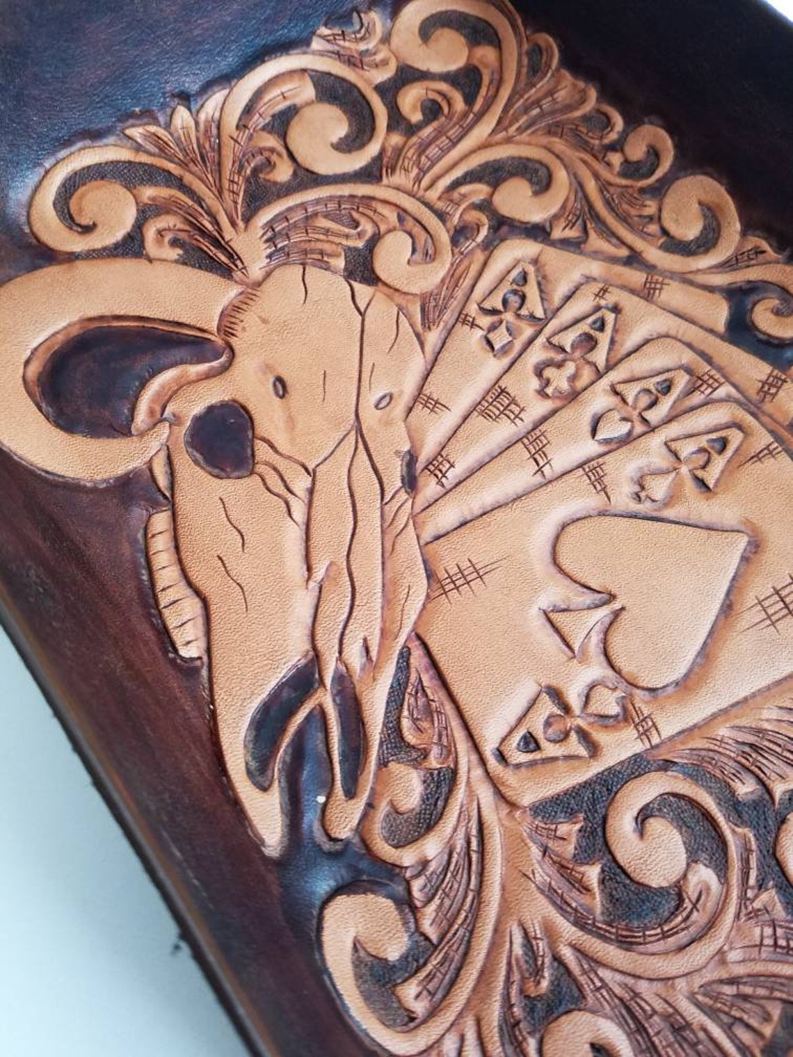 Cow Skull and Aces Western Leather Bowl/ Tooled Leather Bowl/ Etsy UK