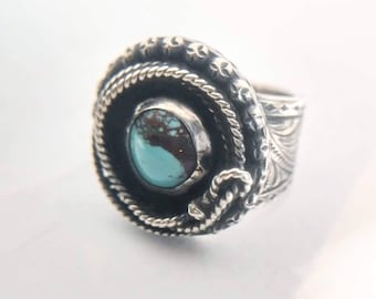 Engraved Turquoise Ring/ Dossie Cribbs Western Jewelry/ Sterling Silver Ring