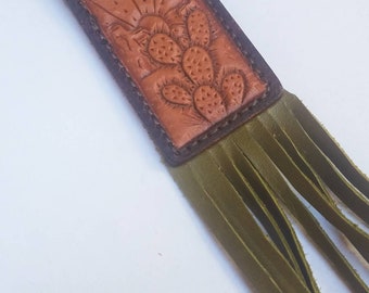 Prickly Pear Fringe Keychain/ Western Keychain/Tooled Leather Keychain/ Genuine Leather/ Green Fringe/ Leather Fringe/ Southwestern