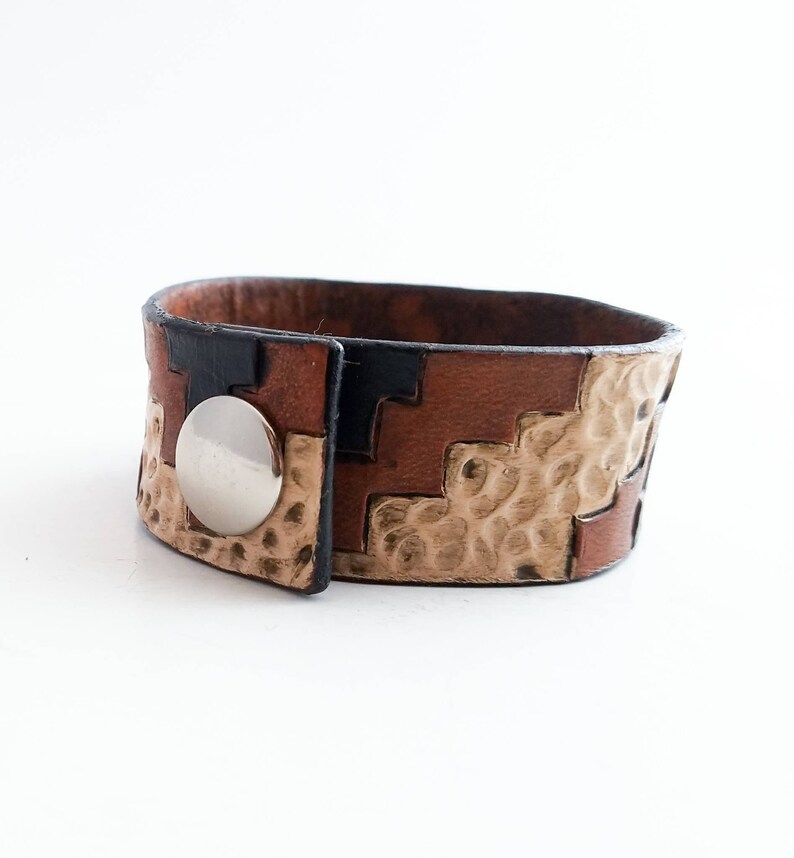 Neutral Aztec Bracelet Tooled Leather Western Bracelet Southwestern design Tan Womens Bracelet Rustic Cowgirl Bracelet