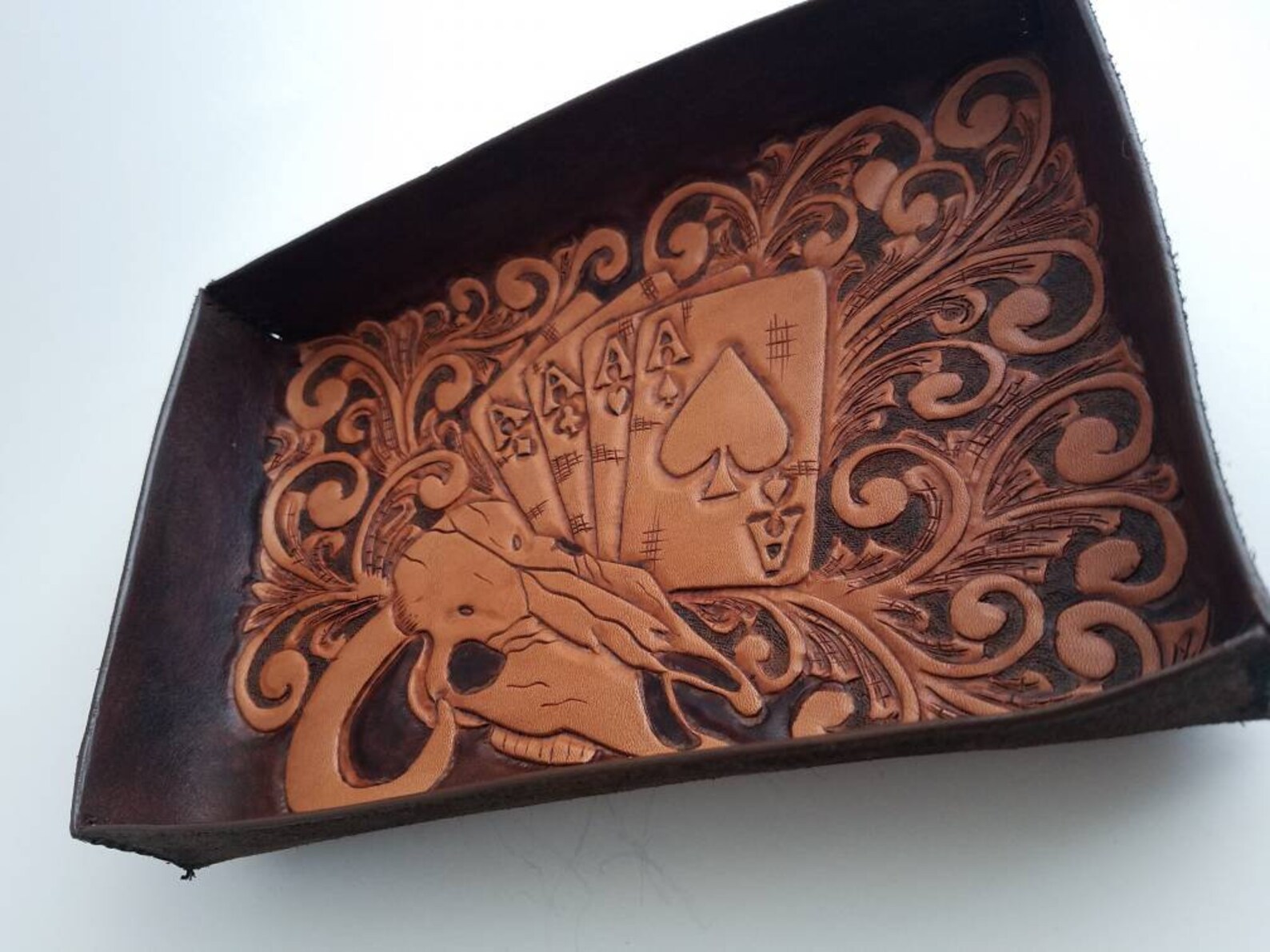 Cow Skull and Aces Western Leather Bowl/ Tooled Leather Bowl/ Etsy