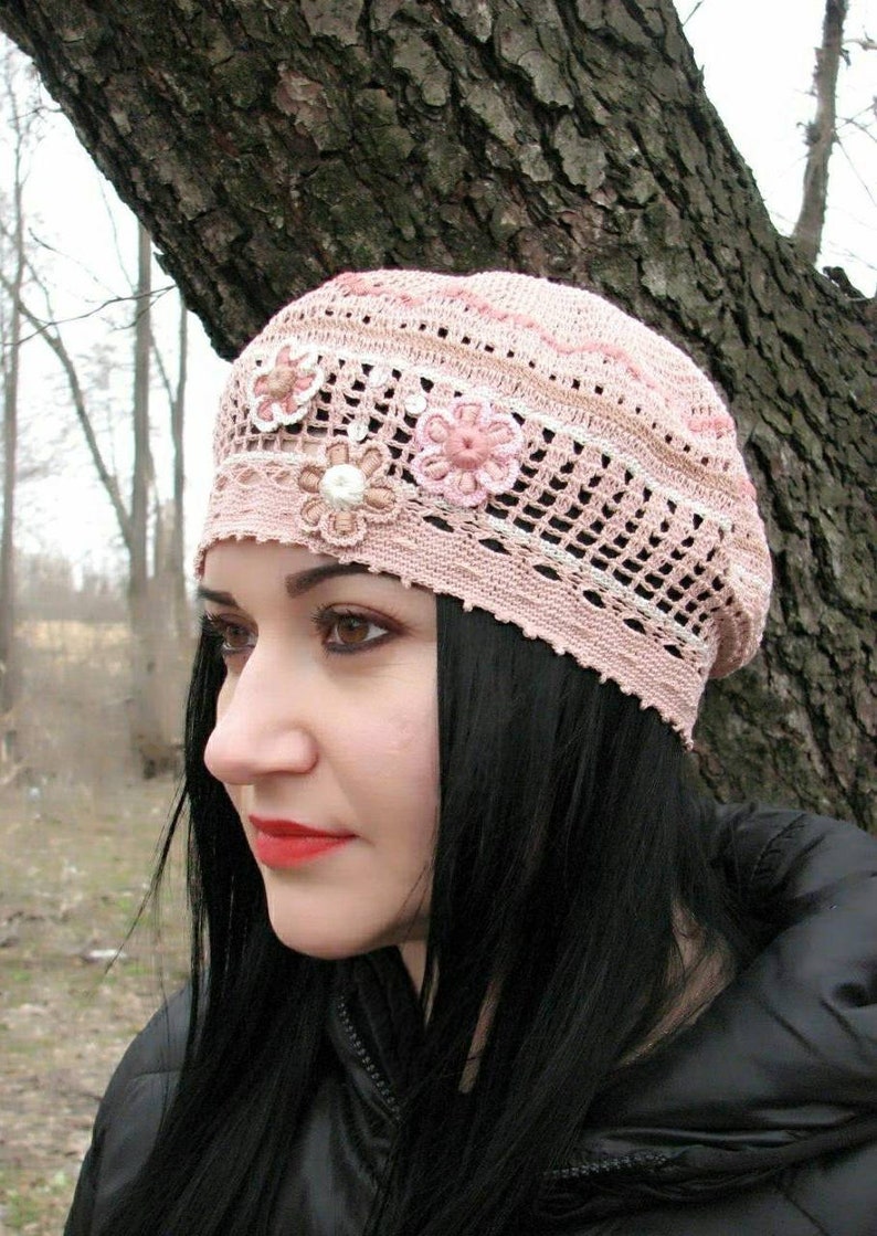 Crocheted women hat handmade beret nude cotton hat spring Etsy