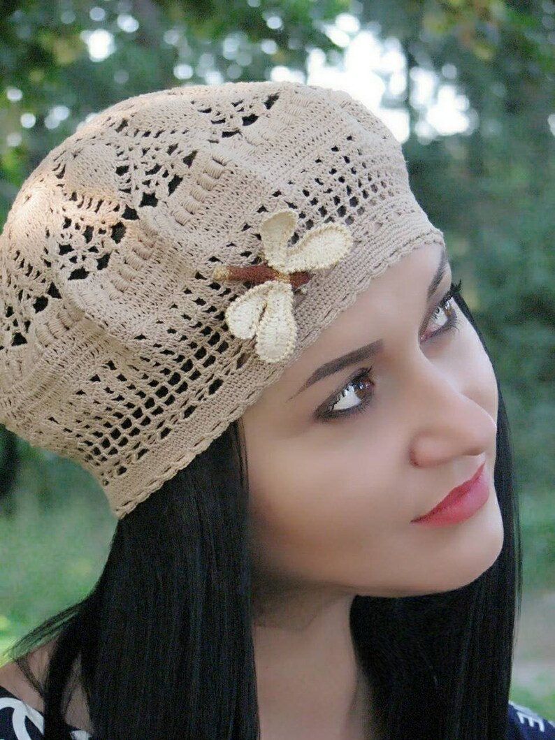 Crochet summer beret hat cotton lace French style hat Etsy
