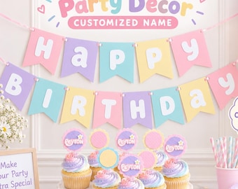 May include: A party decoration set featuring a pastel-colored banner that spells Happy Birthday, cupcake toppers with the name Peyton, a sign reading Make Your Party Extra Special, and a stack of plates, cups, and balloons in pink, blue, and yellow.