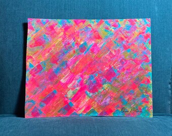 May include: Abstract painting with a diagonal pattern in shades of pink, blue, yellow, and gold. The painting is signed "Anna Kline" in the bottom right corner.