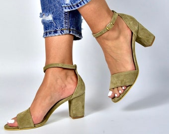 light blue suede block heels