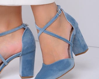 Blue Velvet Wedding Shoes Block Heels: Handmade Bridal Shoes