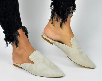 beige suede mules