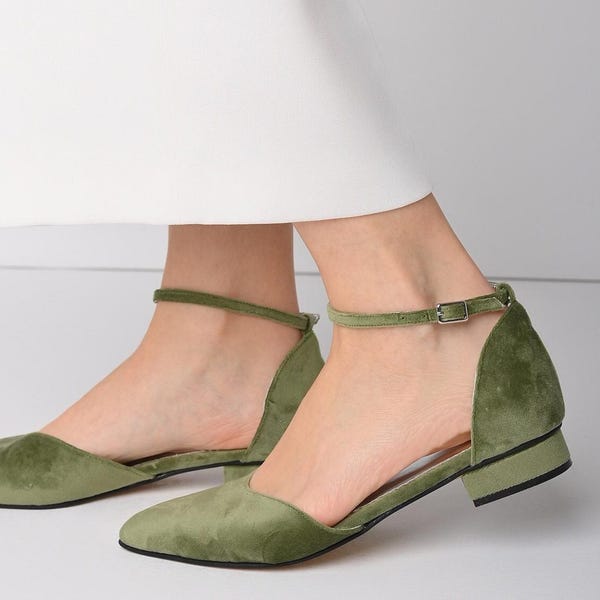 Sage Green Velvet Wedding Shoes, Handmade Leather Flats