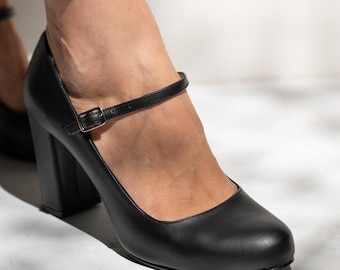 Vinatge Black Leather Mary Jane Heels, Full Grain Leather Shoes
