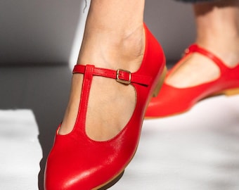 Red Leather Mary Jane Shoes: Retro T-Bar Flats
