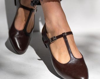 Brown T-Bar Mary Jane Flats | Genuine Leather Shoes