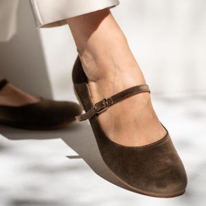 Chocolate Brown Velvet Mary Jane Flats, Handmade Leather Shoes
