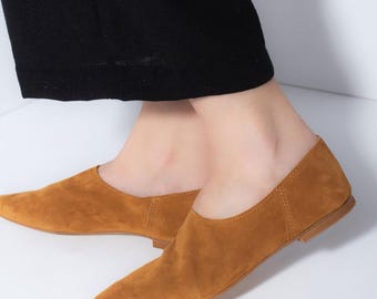 Brown Suede Leather Mules: Handmade Pointed Toe Loafers
