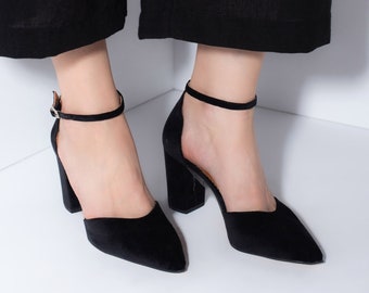 Black Heels Shoes, Bridal Ankle Heels, Black Stripe Shoes, Modern Women Suede Leather Shoes, Heeled Party Wear Shoes, Gift for Wife