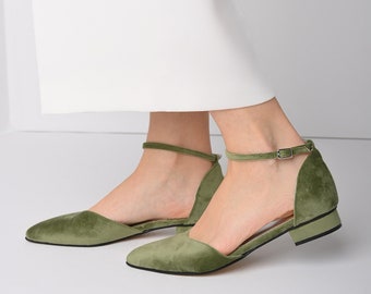 Chaussures de mariage vert sauge, chaussures de mariée à talons bas, chaussures de mariée plates, chaussures de demoiselles d'honneur, chaussures pour la mariée - VELVETINA