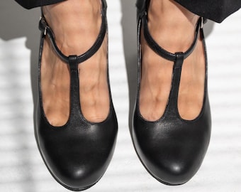 Handmade Black Leather Mary Jane Heels, Vintage Style Shoes