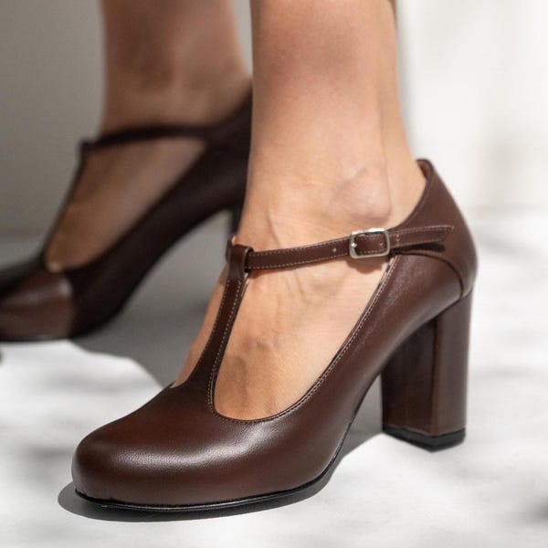 Handmade Leather Mary Jane Shoes, Chocolate Brown T-Bar Heels