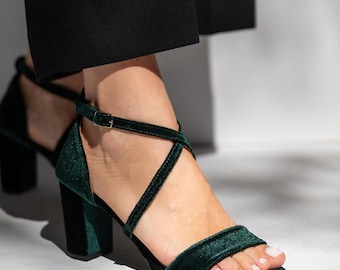 Green Velvet Wedding Shoes High Heels – Handmade Ankle Strap Shoes
