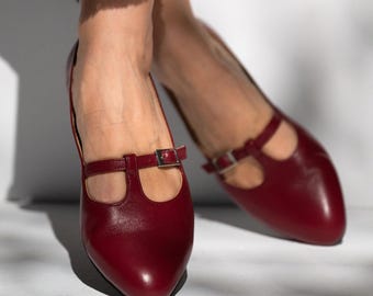 Burgundy Leather Mary Jane Shoes – Retro Style Shoes