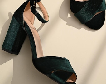 Green Velvet Wedding Shoes: Handmade Bridal Block Heel Sandals