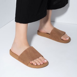 Brown leather sandals, Greek sandals, Women sandals, Pool slides, Brown flat sandals, Leather slides, Sandals from Greece - OPHELIA