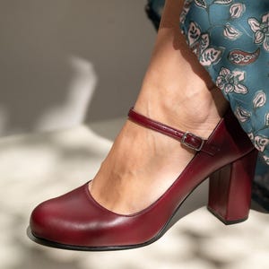 Burgundy Leather Mary Jane Heels, Retro Style Pumps