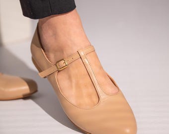 Handmade Beige Leather Mary Jane Flats, T-Bar Shoes
