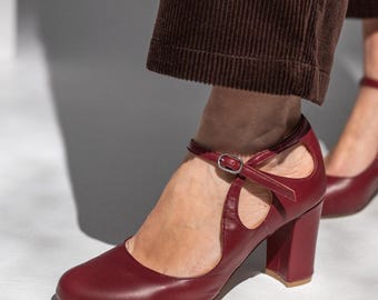Burgundy Leather Mary Jane Heels – Handmade Block Heel Shoes for Women