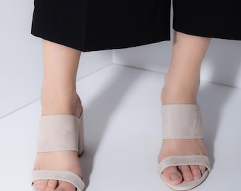 Handmade Suede Leather Block Heel Sandals, Greek Design