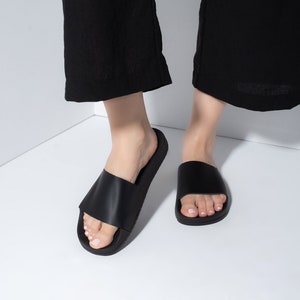 Black leather sandals, Greek sandals, Leather slides, Gifts for her, Greek leather sandals, Personalized gifts, Black sandals - OPHELIA