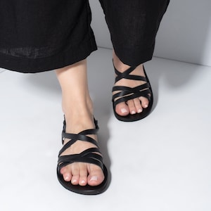 Black Leather Greek Sandals: Handmade Women&#39;s Strappy Sandals