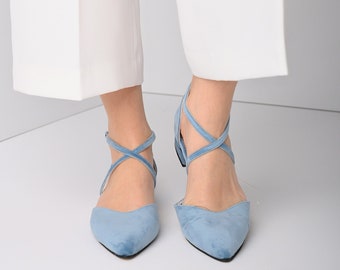 Chaussures en velours bleu, chaussures de mariée bleu clair, brides cheville bleues, chaussures en cuir velours, chaussures plates de mariage pour la mariée, talons bas bleu ciel, cadeau