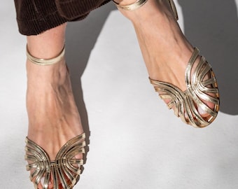 Gold Wedding Shoes, Leather Mary Jane Flats – Evening Ballet Shoes