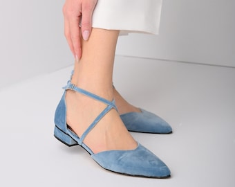 Brautschuhe blau, Brautschuhe, Samt Schuhe niedrige Absätze, Brautjungfern Schuhe, Schuhe für die Braut - VELETTINA