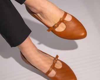 Brown Leather Mary Jane Flats, Retro T-Bar Shoes, Handmade in Greece